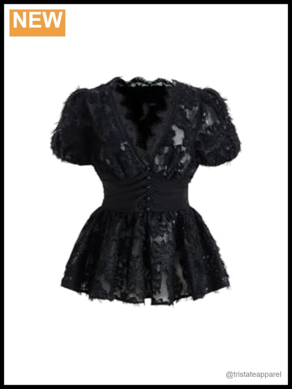 Women's Lace Peplum Deep V Neck Ruched Puff Sleeve Blouse